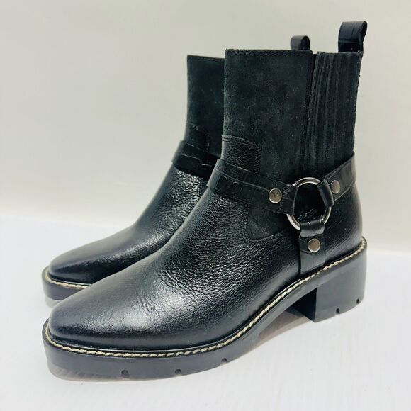 Donald Pliner Mai Harness 6.5 M Bootie Black Leather Ankle Zip Block Heel NIB - Picture 4 of 16